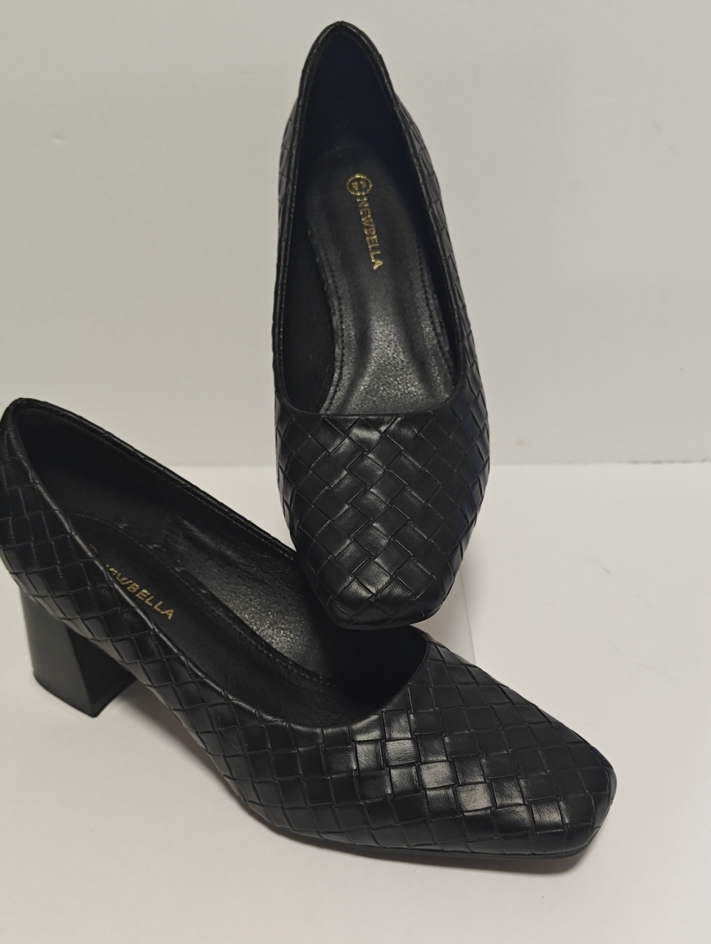 Abella Black Woven Square Toe Block Heel Pumps
